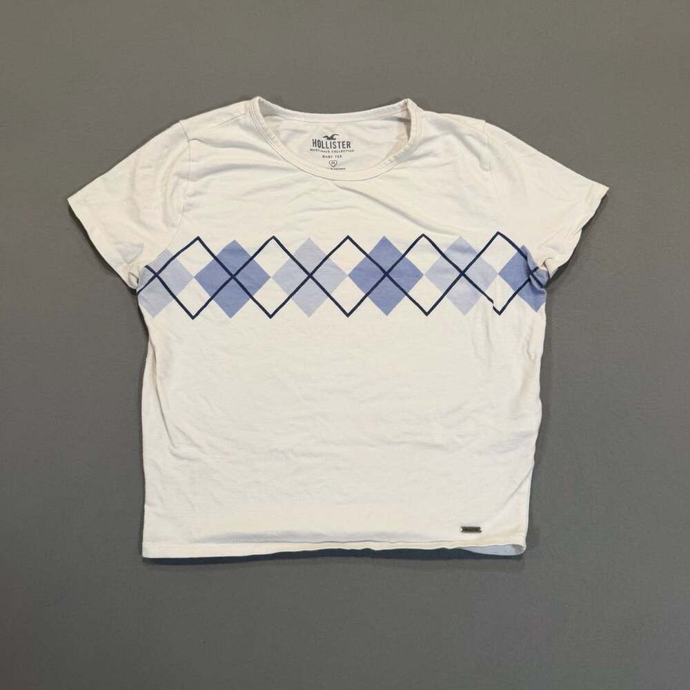 Hollister Baby Tee Size M White Argyle Pattern